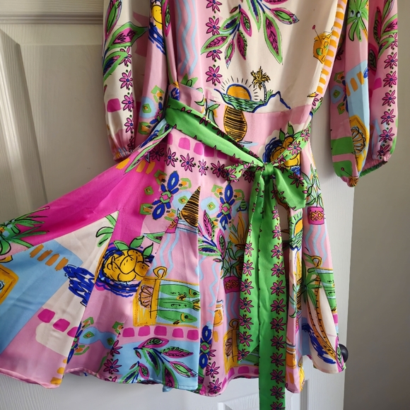 Sugarlips Curve Womens Plus 3/4 Balloon Sleeve Satin Mini Dress: Pink Tropical - Picture 5 of 14